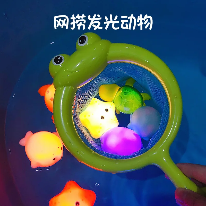 

Cross border induction luminescent animal floating light net fishing fish playing water toy children baby bathing toy floating
