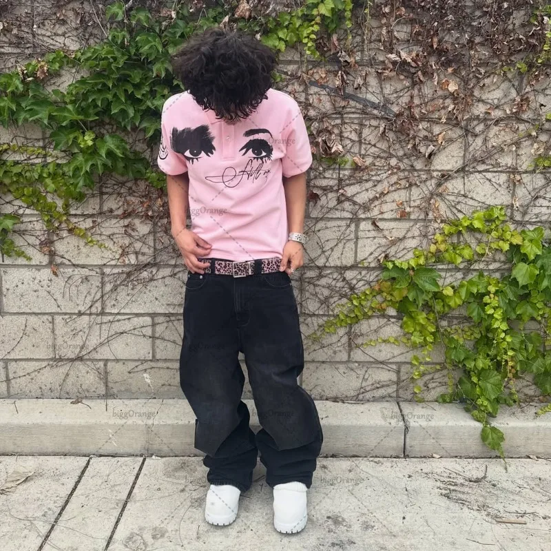 Denim Pink T Shirt Street Style American Fashion Lapel Casual Punk