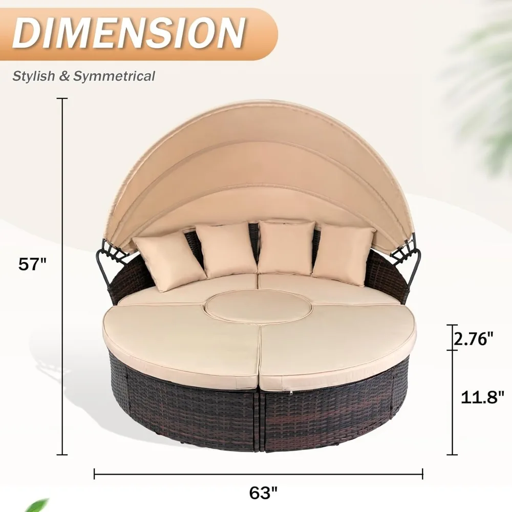 Patio Furniture Outdoor Round Daybed with Retractable Canopy Wicker Rattan Separated Seating Sectional Sofa for Patio Lawn 6