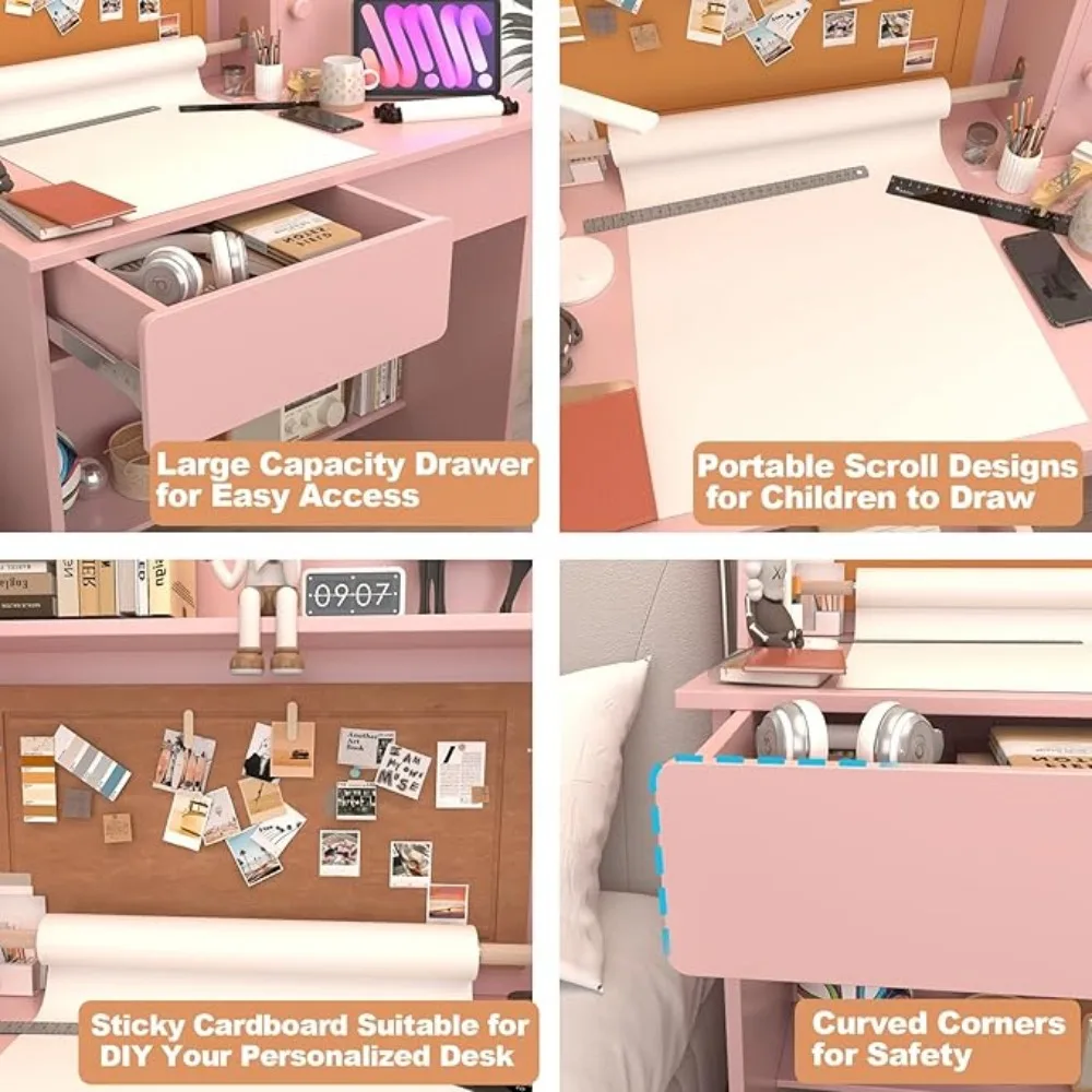Kids Desk and Chair Set , Childrens Computer Desk with Drawers and Storage Shelf, Kids Study Table with Charging Station 4