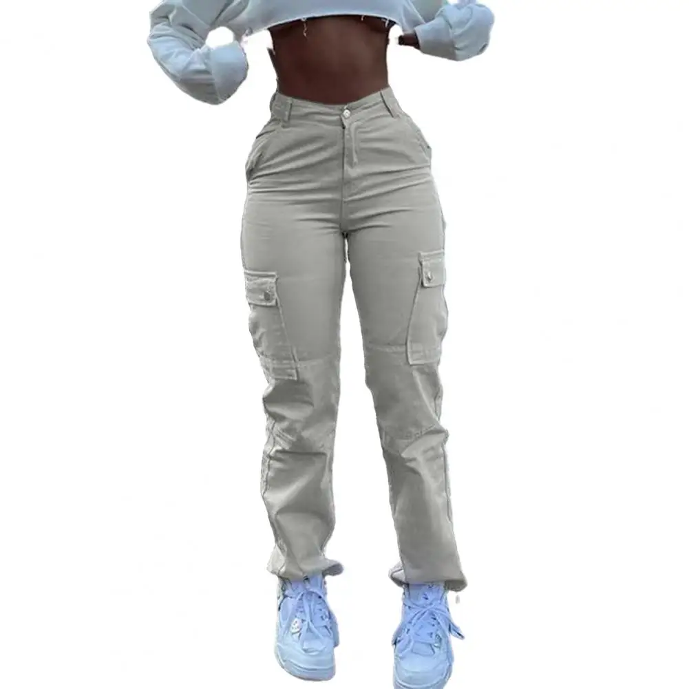 

Solid Color Pants High Waist Women's Cargo Pants with Multiple Pockets Soft Butt-lifted Design Breathable Fabric for Ladies