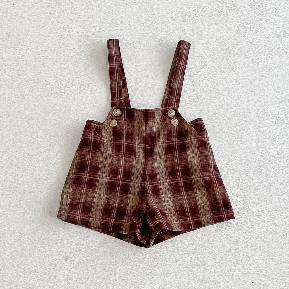 Vintage karierte Baby-Kinder-Overalls für Jungen und Mädchen, elastische Taille, Säuglings-Shorts, hübsche kleine Jungen-Hosen, Baby-Sachen für 1–6 Jahre – Detail 4