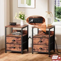 Nightstand Set of 2 with Charging Station USB Ports Fabric Drawers Modern End Table Living Room Bedroom Storage Solution 1