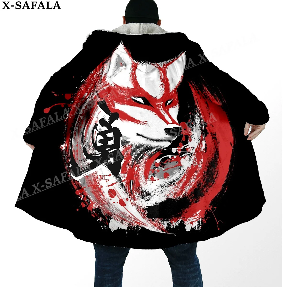 Okami Wolf Tattoo Print Thick Warm Hooded Cloak Men Overcoat Coat Windproof Fleece Cape Robe Hooded Blanket-8