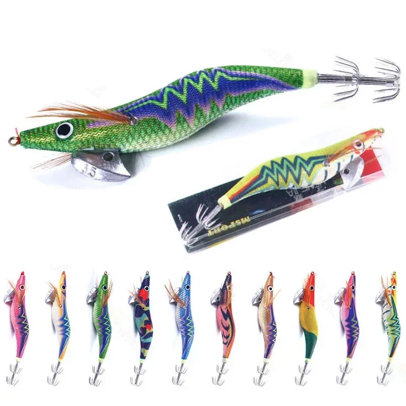 Fishing lure Fishing Wood Shrimp Squid Lure Artificial Jigging Lures Hard Bait Octopus Cuttlefish 3.5 Squid Hook Luminous Egi Pease 20g/14cm