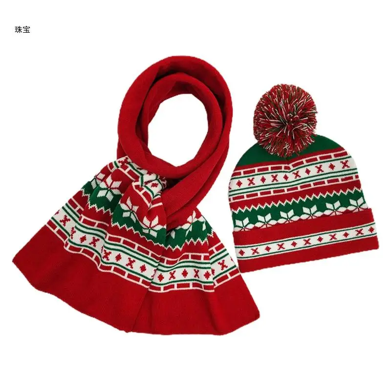 

X5QE Unisex Winter 2Pcs Christmas Beanie Hat Long Scarf Set Snowflake Stripes Knitted Skull Holiday Neck Warmer