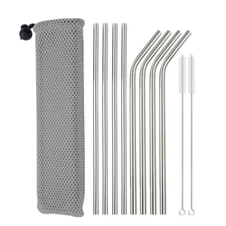 Eco - Friendly Stainless Steel Reusable Drinking Straws with Cleaning Brush - Bent & Straight Set (8Pcs Silver)