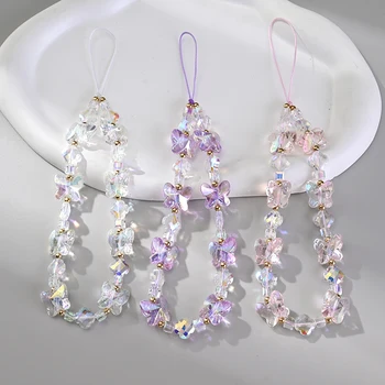 여성용 아크릴 휴대폰 체인, 투명 스위트 나비 전화 걸이식 코드, 낙하 방지 휴대폰 랜야드 쥬얼리