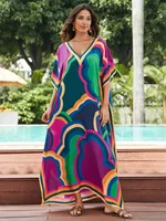 Plus Size Women's Loose Fit Moroccan Print V-Neck Batwing Kaftan Beach Dress Bathing Suit Cover Up
