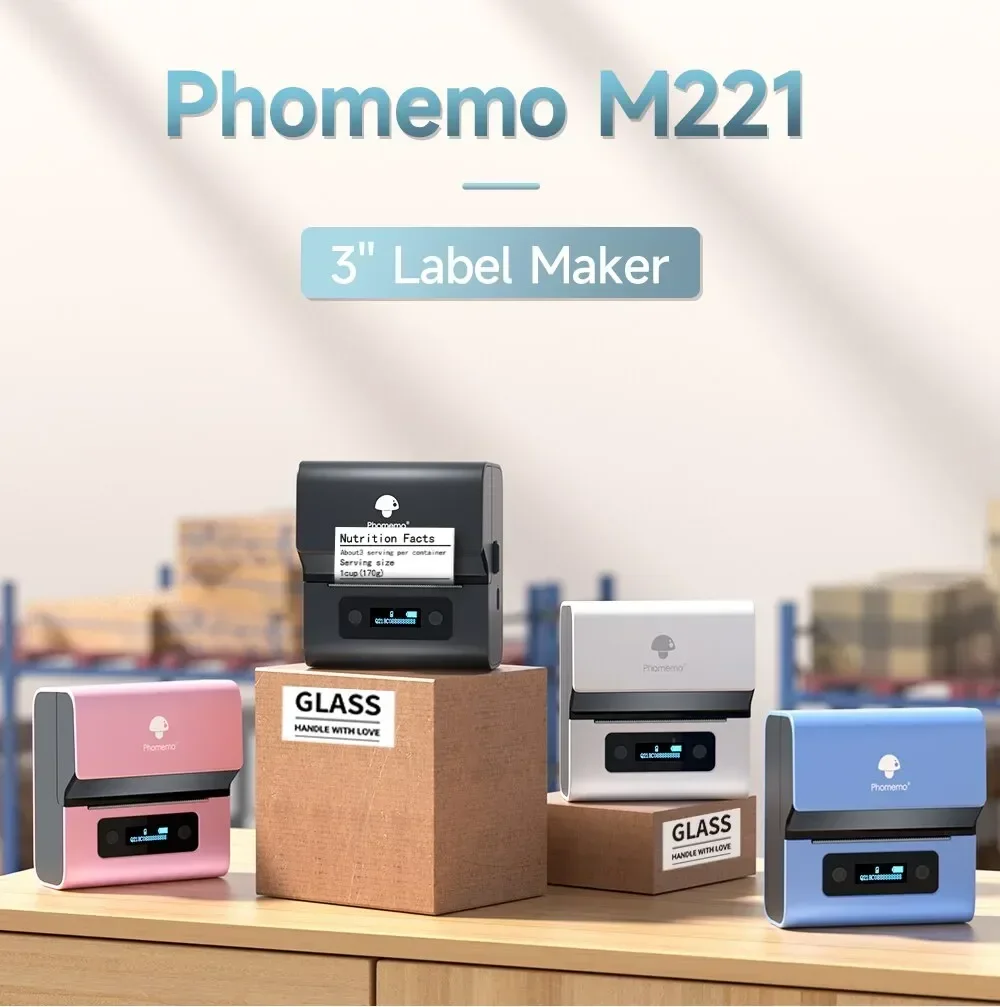 GlowMart Phomemo M221 Bluetooth Label Maker Machine 3" Brcode Printer for Blue Tooth Address Mailing Stickers in Stock!