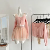 Bomon Cute Sweet Spice Autumn And Winter New Women's Fashion Suit Short Lace Halter Knit Top Elastic Mesh Skirt Three-Piece Set 1