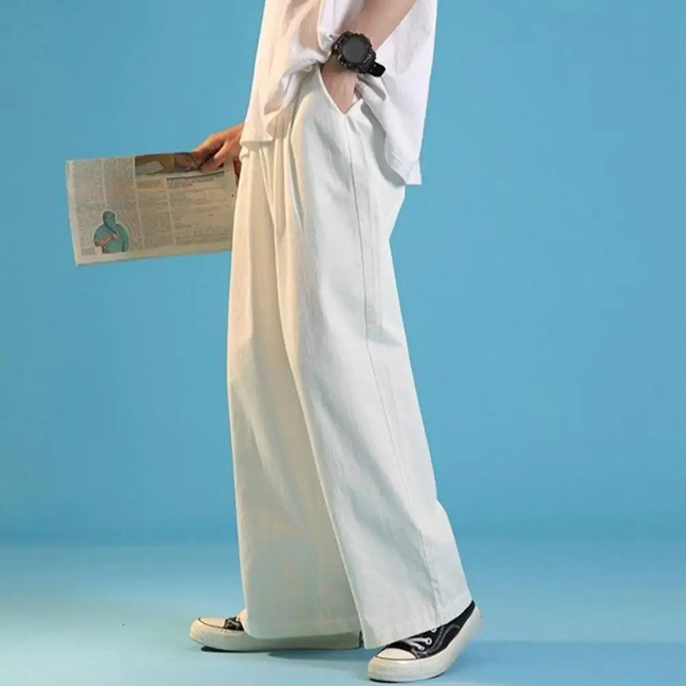 Description Picture 3 of itemMen Pants Drawstring Elastic Waist Straight Wide Leg Loose Thin Long Sports Trousers Sweatpants Streetwear