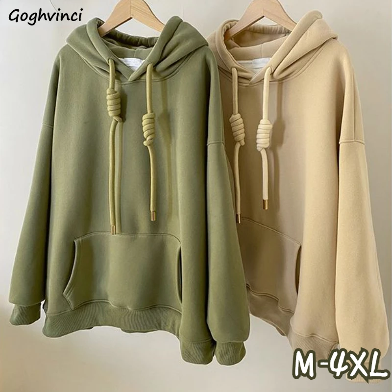 

With Hat Hoodies Women American Style Retro Drawstring Winter BF Teens Clothing Baggy Simple Warm Plus Velvet Casual Students