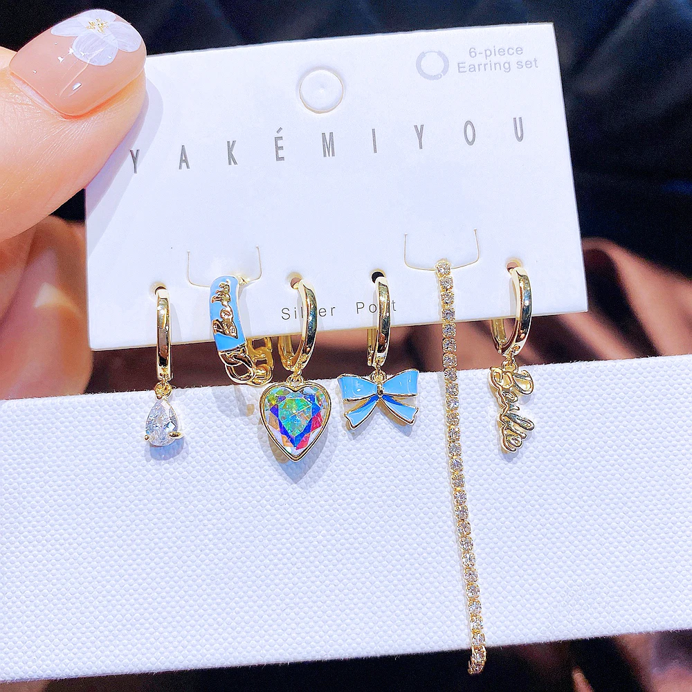 

New Design 6pcs Crystal Heart Bowknot Hanging Hoop Earrings Set for Women Gold Color Plated Jewelry