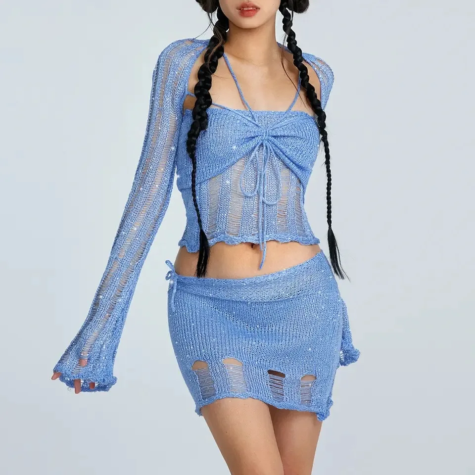 Crochet Knitted Sequin Dress 2 Piece Skirt Sets 2023 Summer Women Sexy Elegant Knit Mini Dress Crop Tops Two Piece Set Outfit