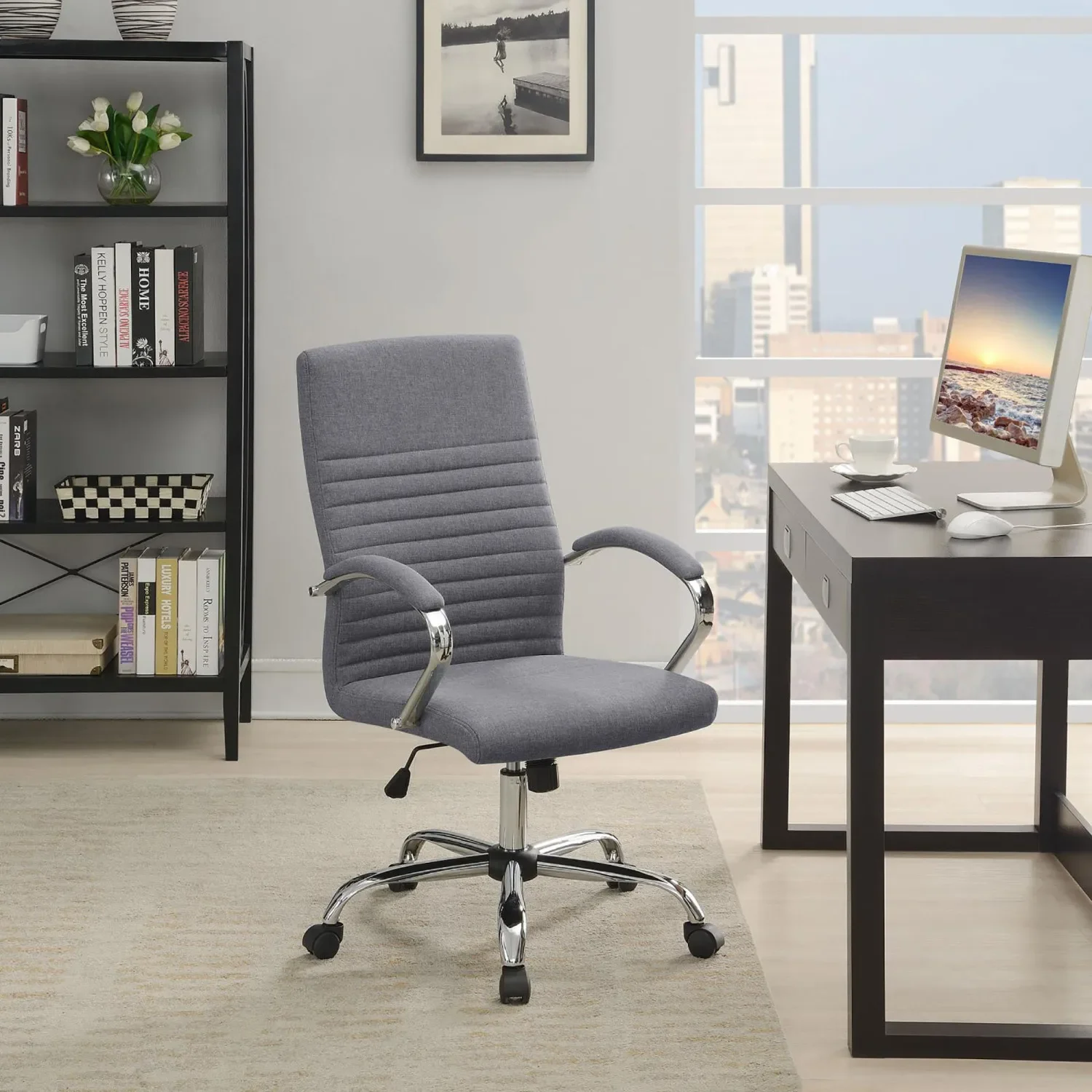 

Adjustable and Stylish Grey and Chrome Desk Chair with Comfortable Cushion for Office or Home Use makeup