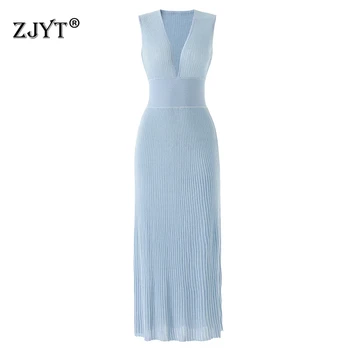 ZJYT Summer Women's Elegant Party Dresses Maxi Evening Gown 2026 New Fashion Deep V Neck Bright Silk Knitted Sweater Dress Blue 1