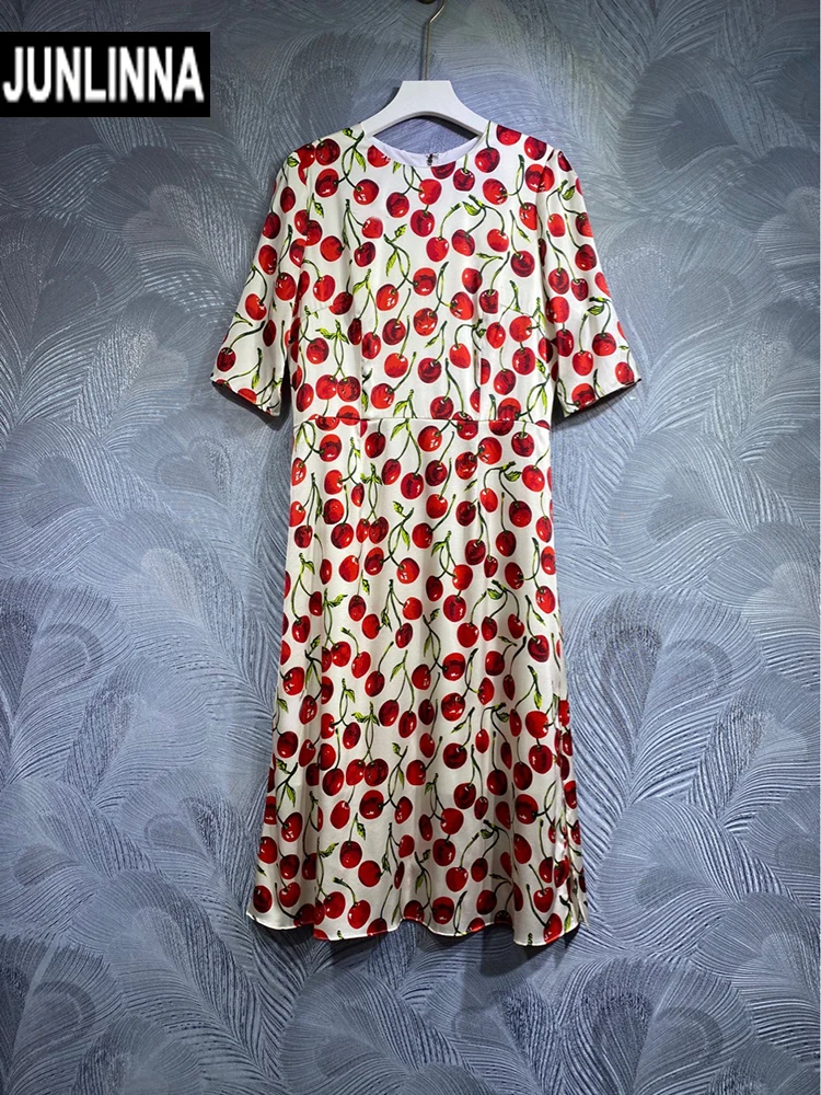 

JUNLINNA Women 100% Silk Printing Dress O-Neck Short Sleeve Cherry Flower Fashion Midi Vestidos Party Holiday
