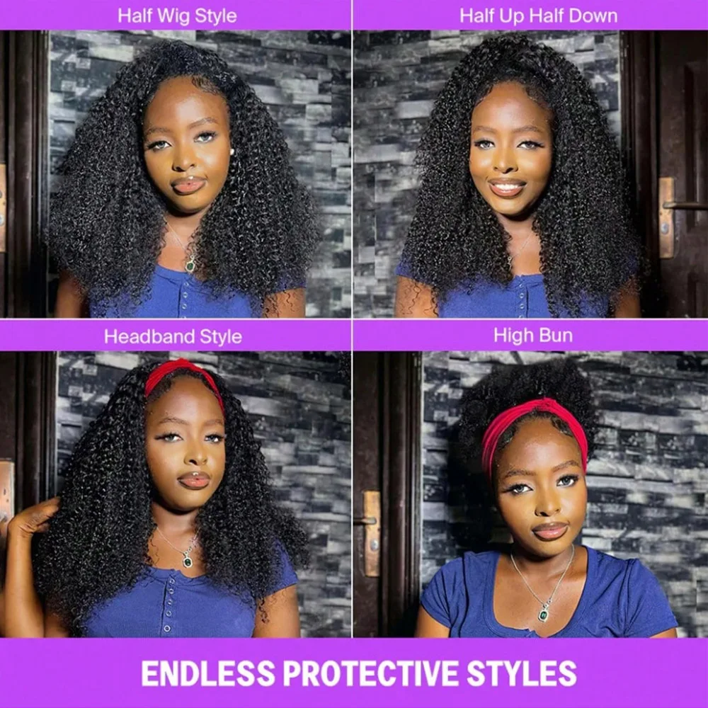 26 Inch Kinky Curly Half Wig Human Hair 3 In 1 Headband Wig 200% Density Seamless Flip Over Curly Half Wig for Women