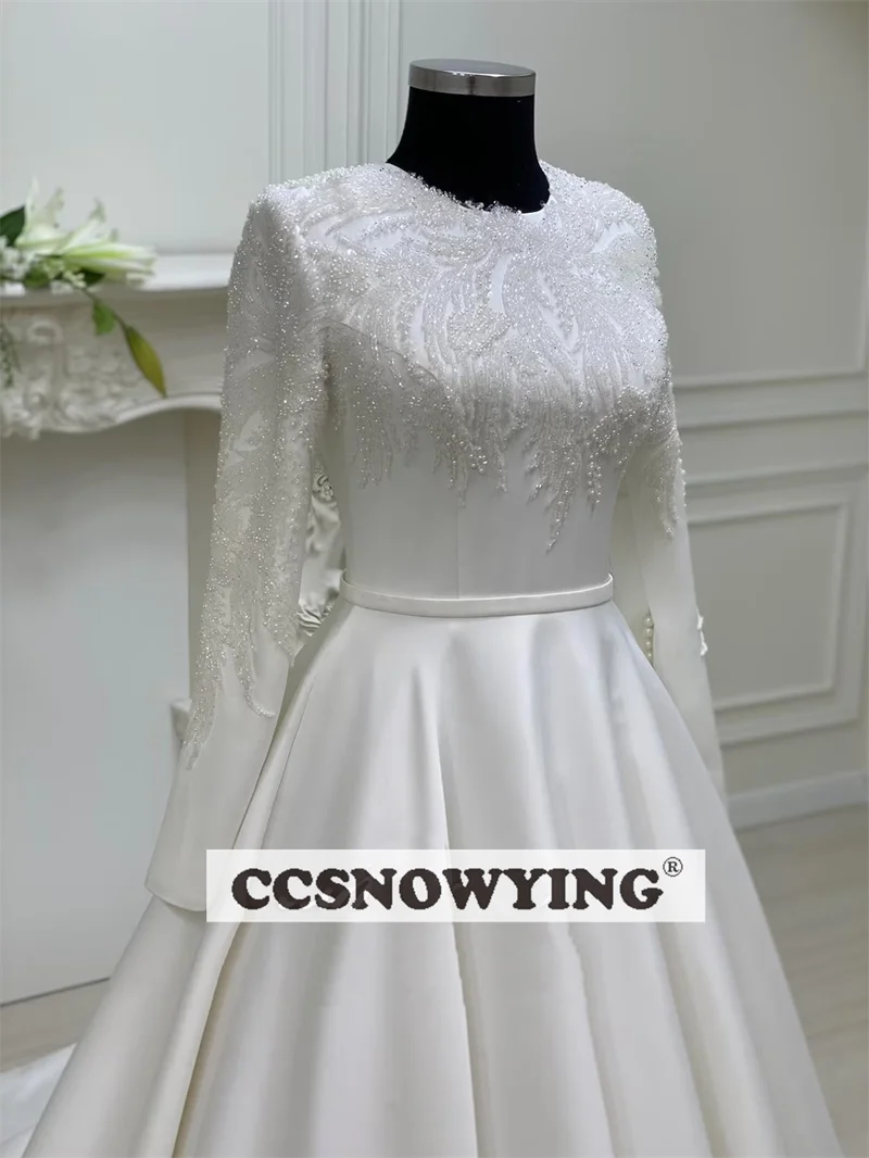 

Модное атласное свадебное платье с аппликацией в мусульманском стиле для женского свадебного платья с круглым вырезом, хиджаб, платье для свадебного торжества