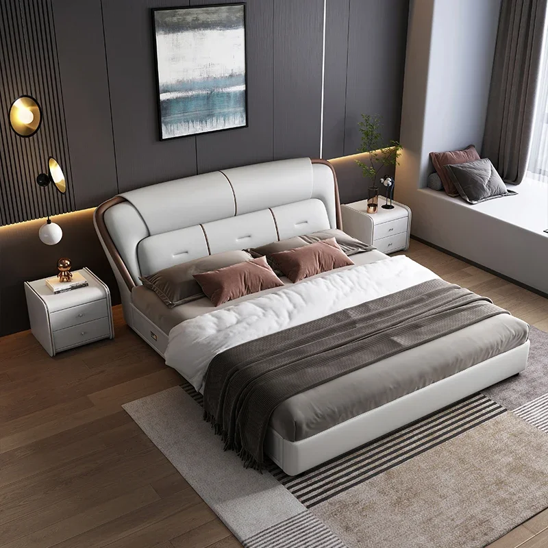 

Кровать в американском стиле, роскошная деревянная простая кожаная мягкая высокая коробка для хранения в стиле знаменитостей, для свадьбы