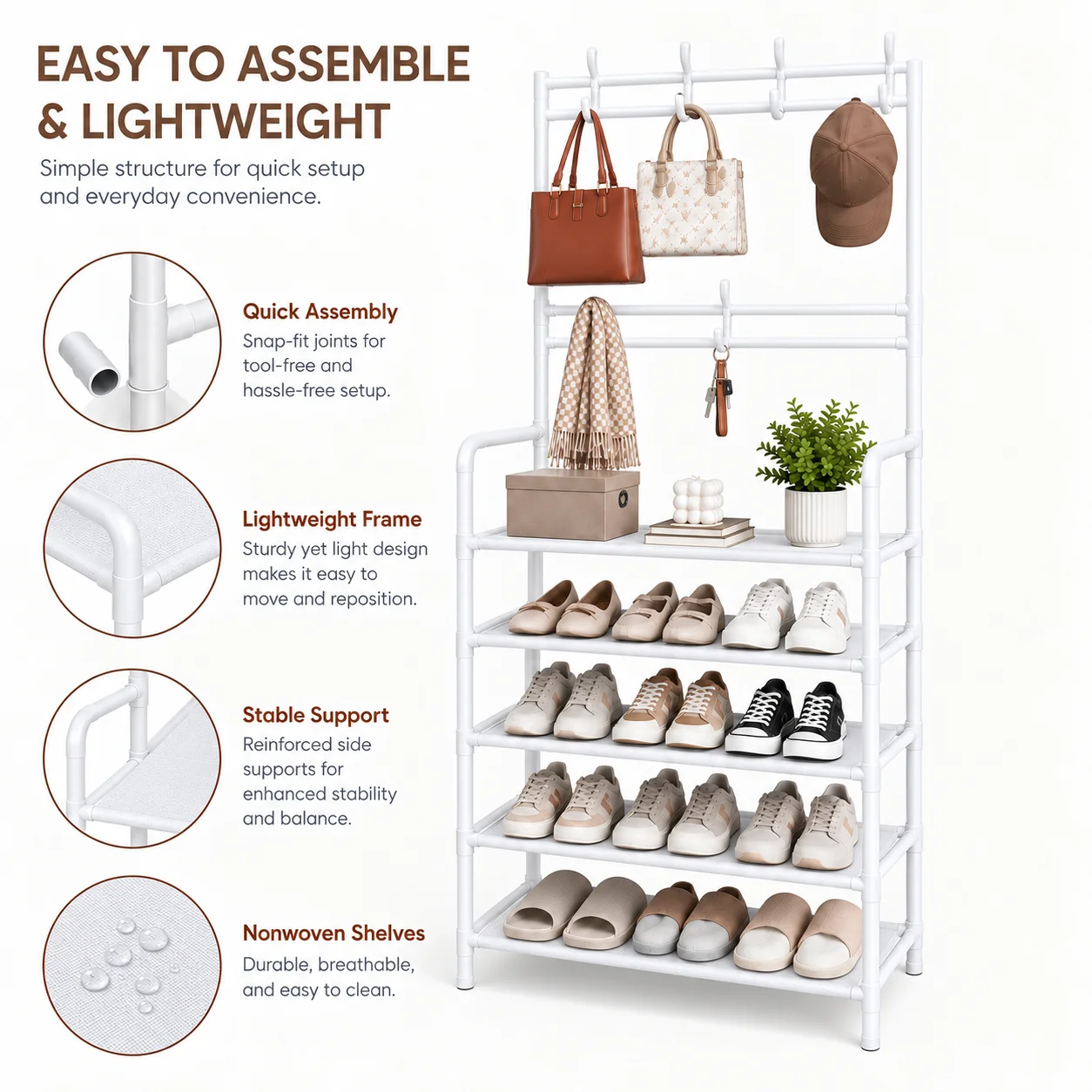 White5 Tier Shoe Rack with Hooks, Space Saving Entryway Organizer for Shoes, Bags, Hats, Closet & Bedroom