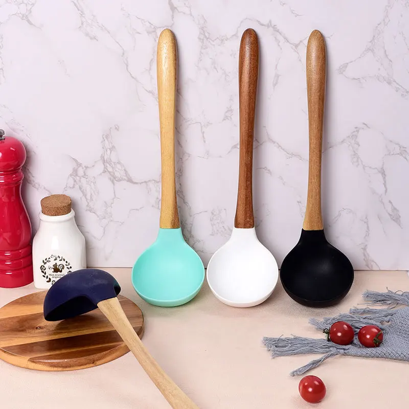 Colour Silicone Cooking Utensils Wooden Handle Non-Stick Spatula Spoon Turner Soup Ladle Kitchen Cooking Tools Gadget