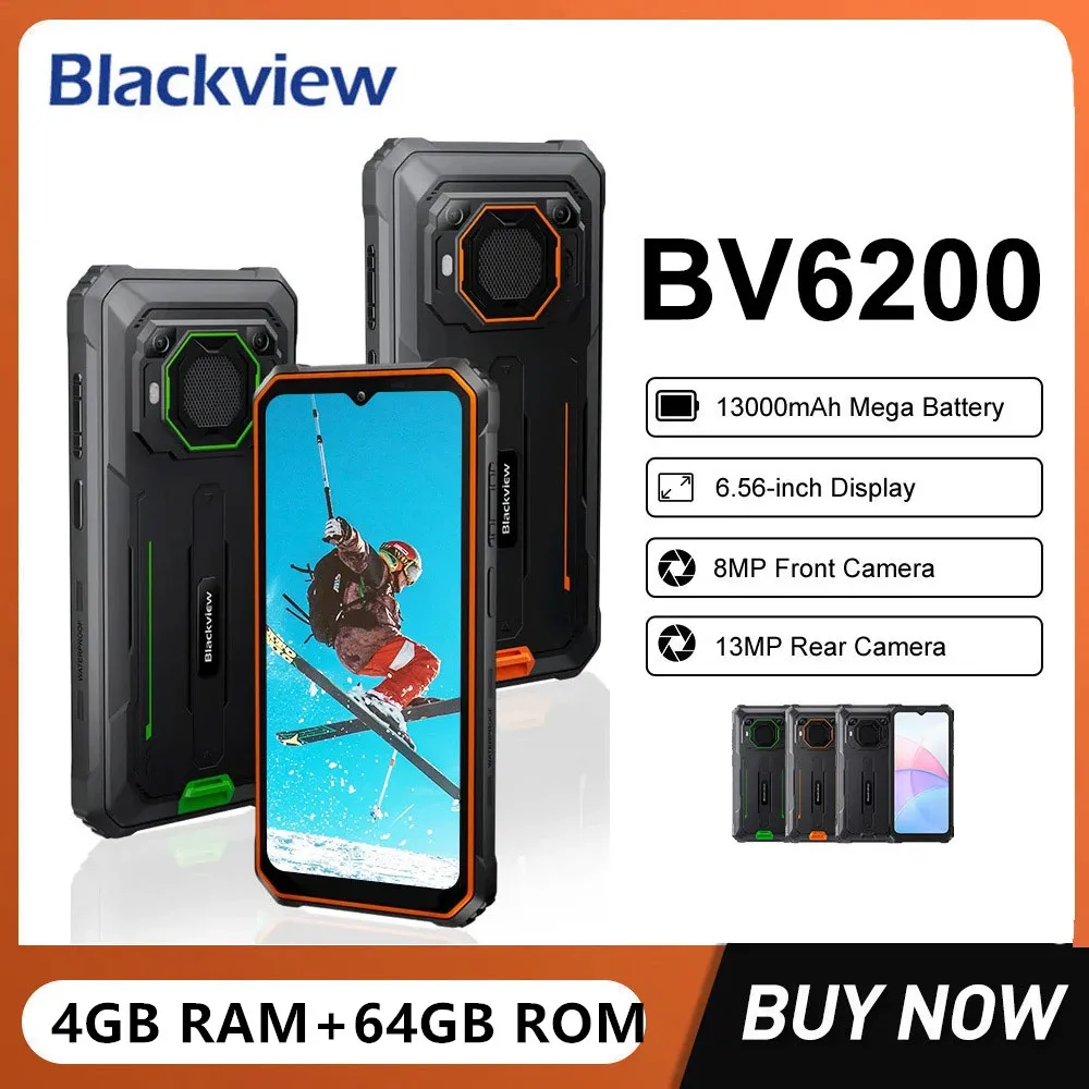 Blackview BV6200 Waterproof Rugged Smartphones 4GB+64GB 6.56Inch 13000mAh 18W Fast Charge Android 13 Mobile Phone 13MP Camera