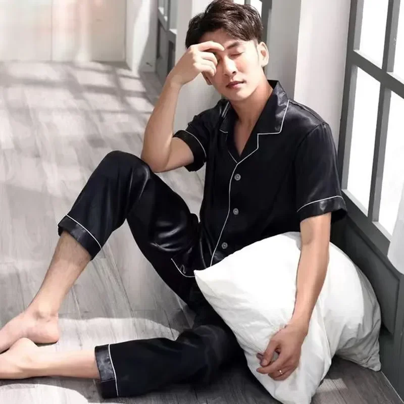 Short Men Silk Summer Satin Pyjama Wear For Pajamas Lounge Pijama Color Home Night Pants Pajama Set Sleeve Male Suit Men's Solid