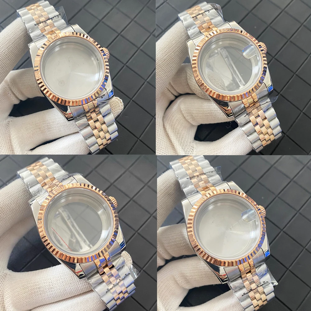 

36mm PVD Watch Case Rose Gold Oyster Bracelet Case Sapphire Crystal Solid/ Transparent Bottom Cover for NH35/NH36/4R Movement