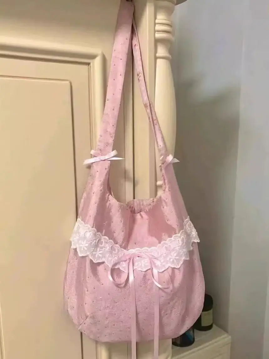 JIAERDI Fairycore White Shoulder Bags Purse Women Hot Girls Bow Chic Lace Y2k Handbag Female Vintage Canvas Tote Bag Aesthetic