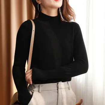 المرأة الصلبة نصف عالية الياقة سترة الكشمير المعنقة الخريف الشتاء فضفاضة محبوك الصوف عادية طويلة الأكمام قاع البلوز قميص علوي 5