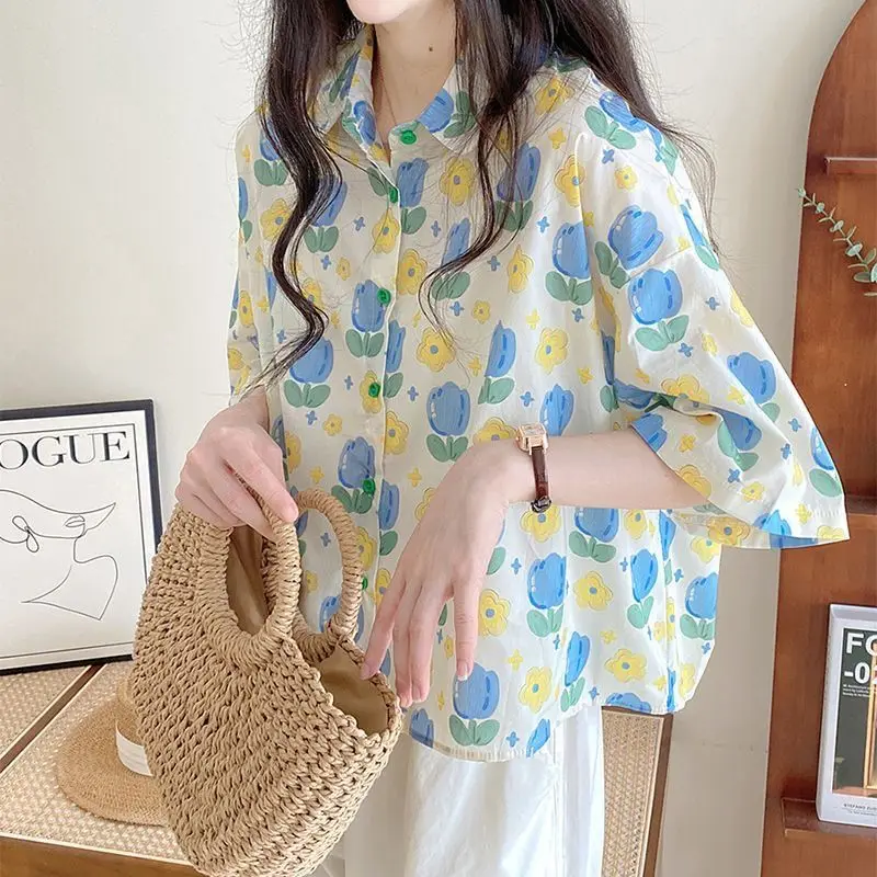 Summer New Polo-neck Elegant Fashion Printing Shirt Ladies Short Sleeve Loose Casual Vintage Buttons Blouse Women Harajuku Top