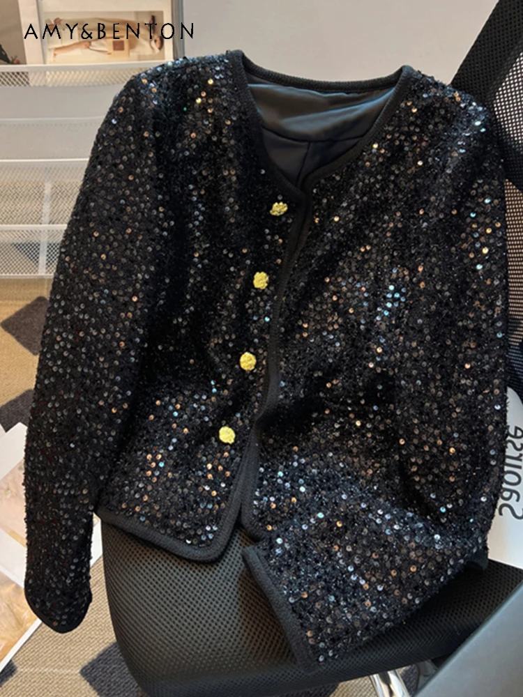 French Style Temperament High-Grade Sequined Single Breasted Short Jackets Spring New Loose Slim Round Neck Fashion Elegant Coat