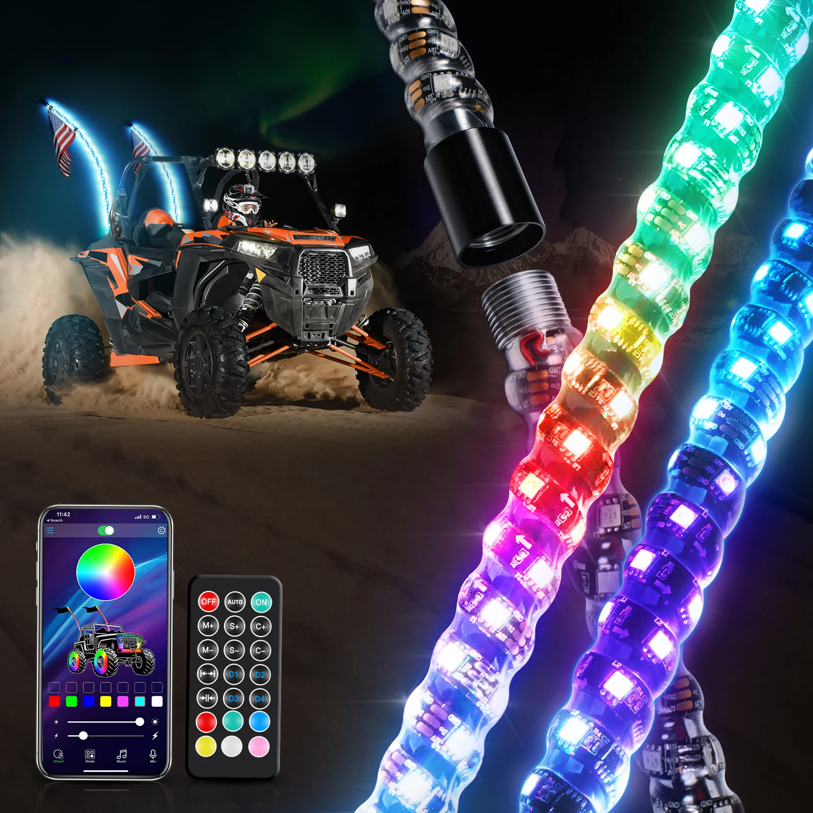 Bevinsee 2X 3Ft 4Ft 5Ft 6Ft Spirale Led Whip Light App Telecomando Multicolore Per Can-Am Maverick X3, Per Polaris Rzr Utv Atv