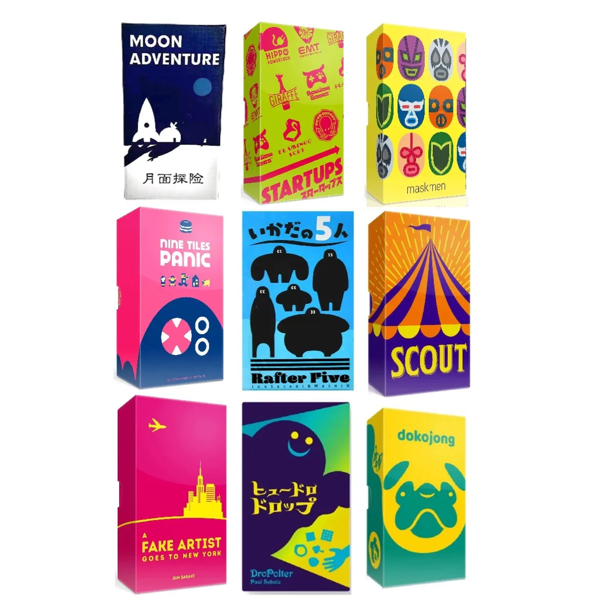 Scout Card Game • Nine Tiles Panic • Moon Adventur • Fafnir Strategy • A Fake Artist • IN a GROVE • Rafter Five•Best Family Game