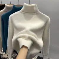 Women's Turtleneck Sweater Faux Mink Top for Women Solid Plush Thickened Warm Bottoming Shirts Basic Knitwear Thermal Pullovers - Image 2