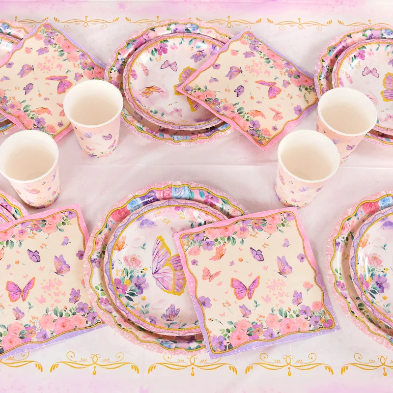 Pink Butterfly Disposable Tableware Set Paper Plates Cup Tablecloth Girls Butterfly Theme Birthday Party Decoration Supplies