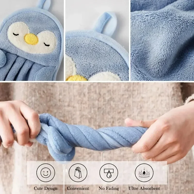 Hand towel cute children's cartoon absorbent coral fleece kitchen towel hanging small towel penguin hand towel with hanging loop