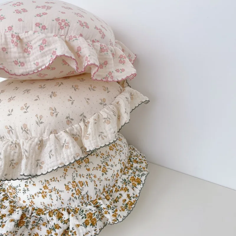 Korean Floral Cotton Round Baby Pillow With Ruffles Muslin Kids Cushion Baby Newborn Bedding Pillows Cushions Room 5