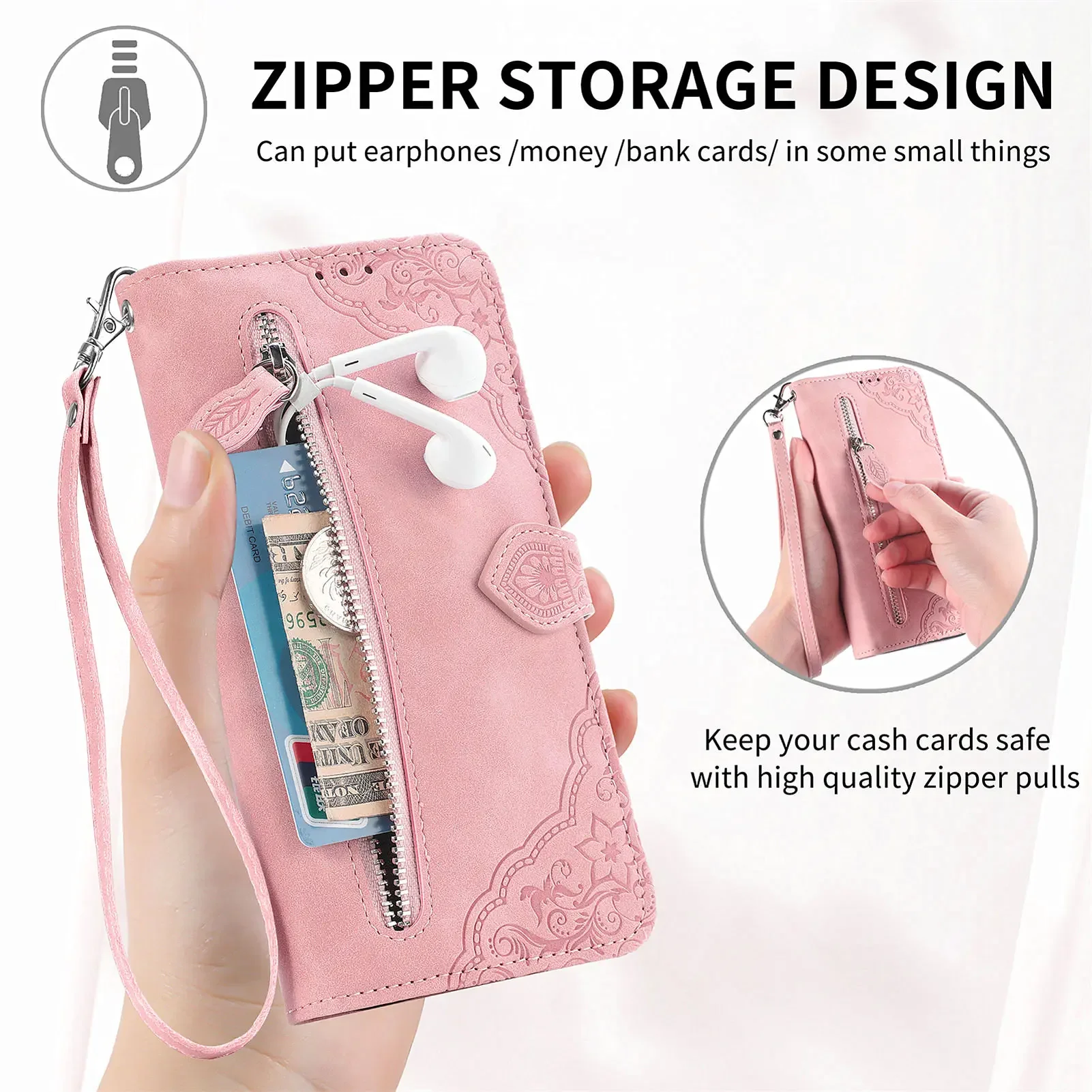 Zipper Card Slot Leather Wallet Case with Purse Pocket and Flower Design