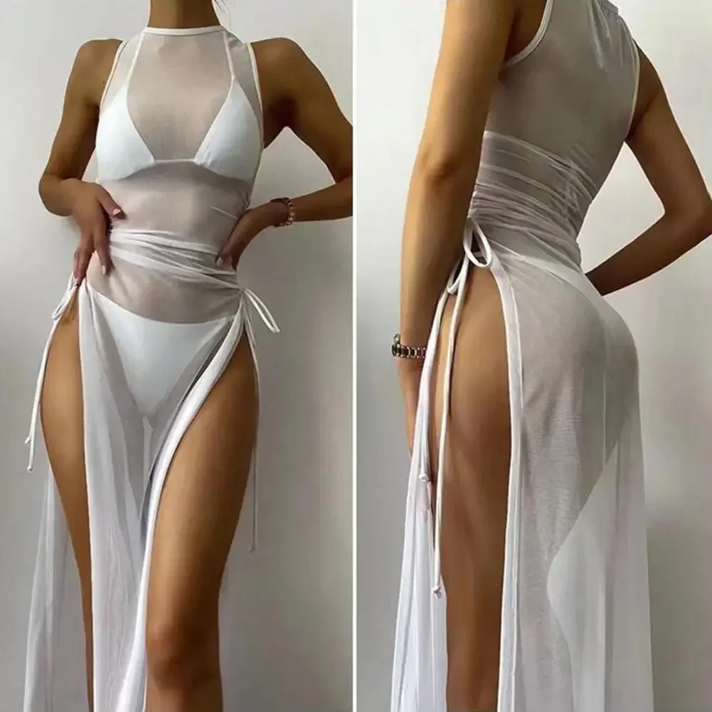 O-neck Side High Split Shirring Cover Up Dress Women Mesh Transparent Sleeveless Sunscreen Dress For Vacation 2