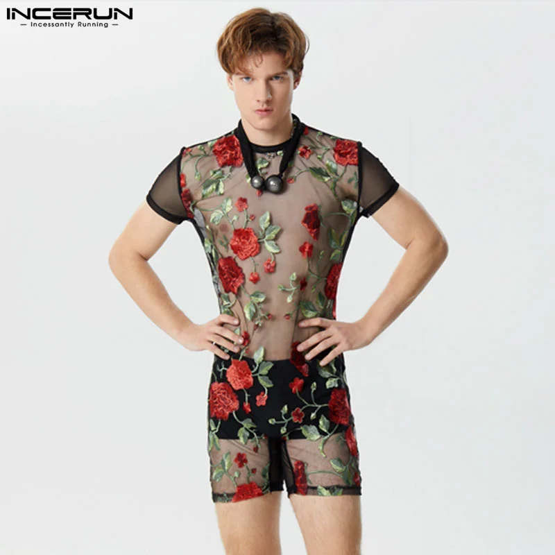 

2024 Men's Bodysuits Mesh Transparent Flower Embroidery O-neck Short Sleeve Rompers Sexy Fashion Unisex Playsuits S-5XL INCERUN