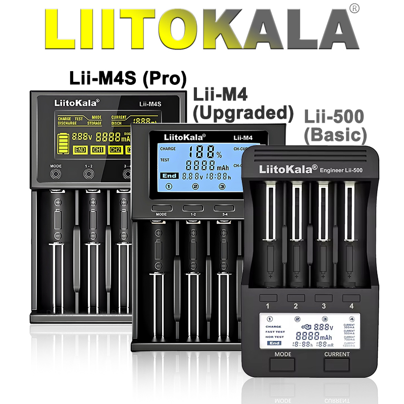 LiitoKala 4-Slot Smart Charger Analyzer | Lii-500/M4/M4S | LCD Display Battery Capacity Tester | USB 5V Output | CE/FCC