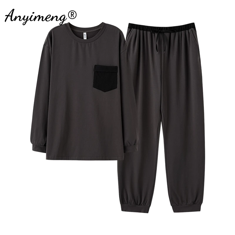 Autumn Winter Pure Cotton Pajamas for Men Fashion O-neck Pijamas Long Sleeved Long Pants Nightwear Male Loungewear