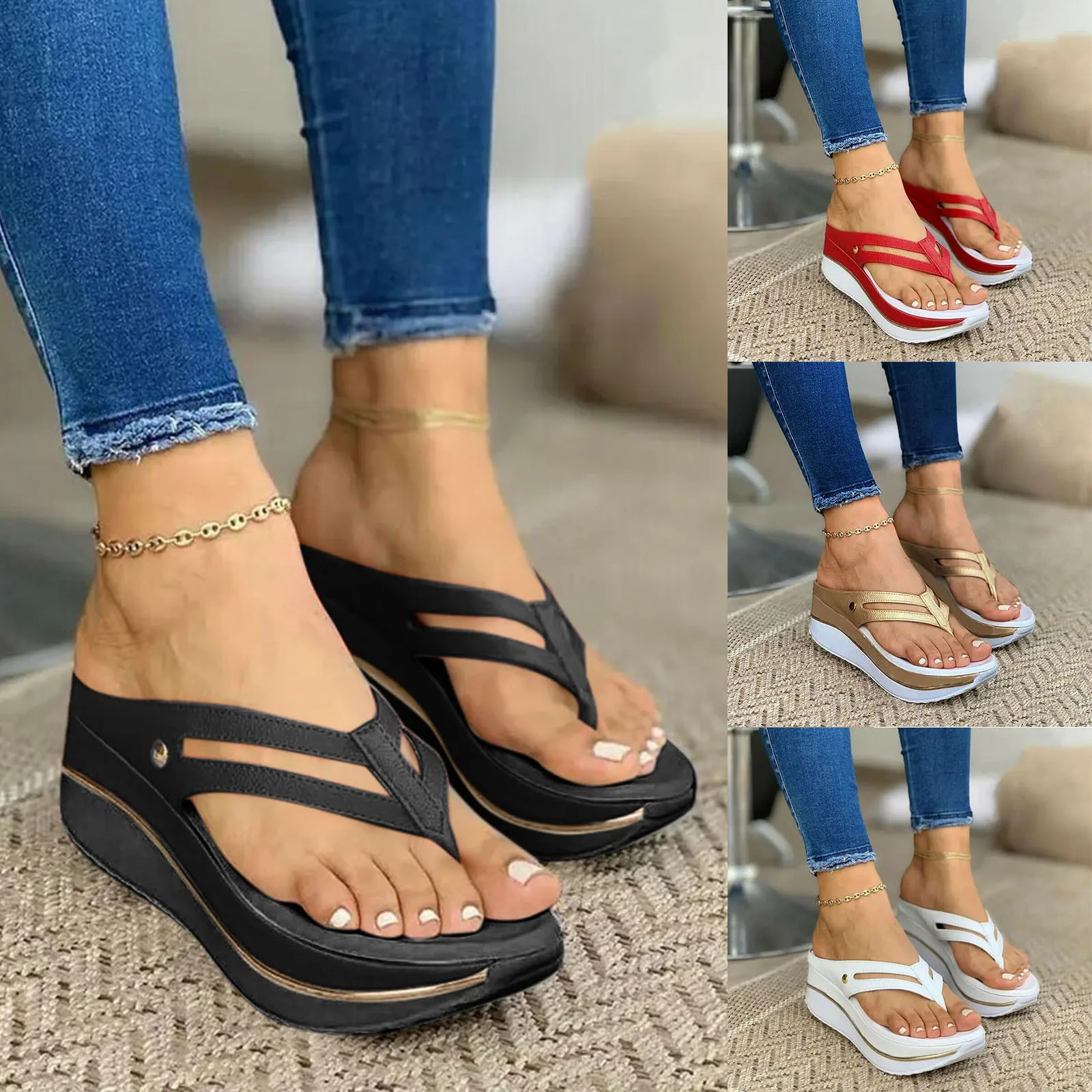 Chanclas de plataforma con tacón inclinado para mujer, zapatos huecos