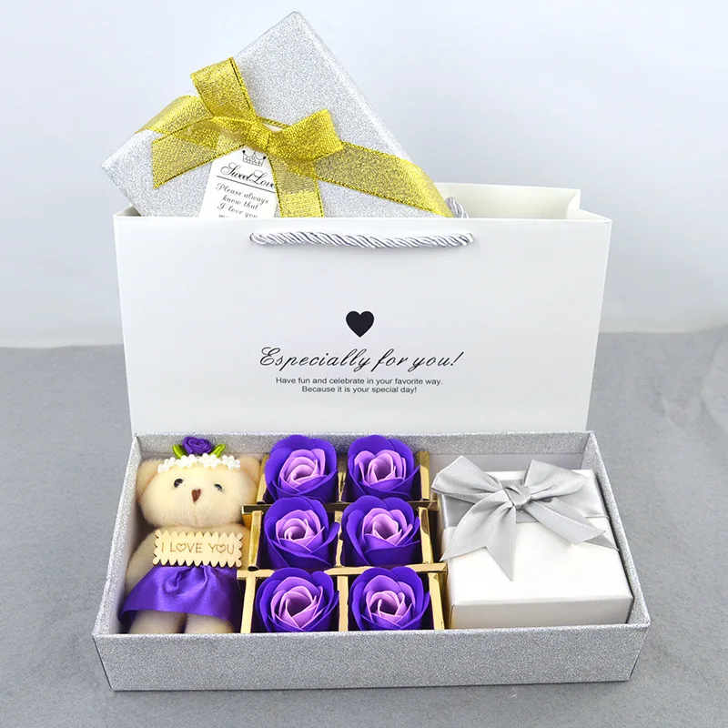 

Creative Jewelry Packaging Box Soap Eternal Rose Bear Doll Square Heaven And Earth Cover Jewelry Gift Box Valentine'S Day Gift