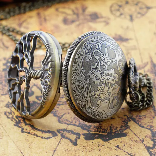 Steampunk Retro Bronze Hollow Tree of Life Quartz Pocket Watch With Fob Chain Women Watch Pendant Necklace Chain Men Gift CF1088 - Image 6