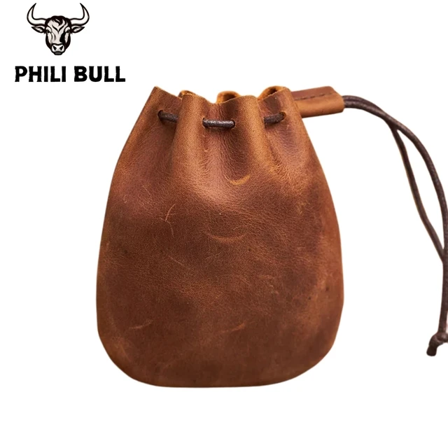 Porte-monnaie en cuir véritable pour hommes et femmes, petit portefeuille Vintage en cuir dur, poche pour argent, sac de rangement à cordon de serrage 1