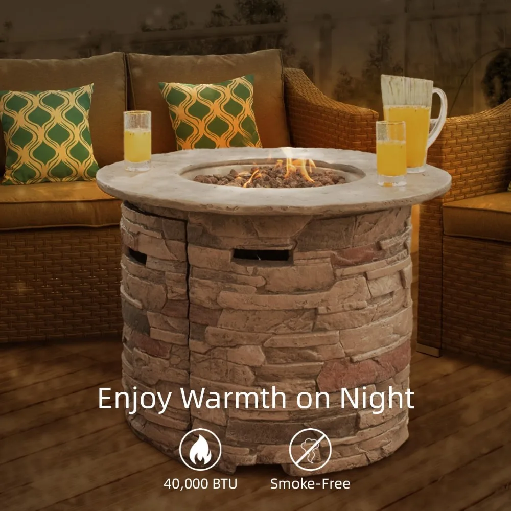 Outdoor Fire Pit Propane Round Fires Pits Table Fire Column, Stonecrest for Outside W Lava Rocks, 40,000 BTU Gas Pit